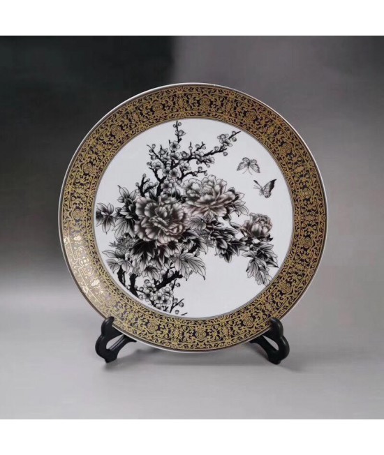 墨彩蝶戀花圖 紋金邊盤 擺件 墨彩蝶戀花圖 紋金邊盤 擺件